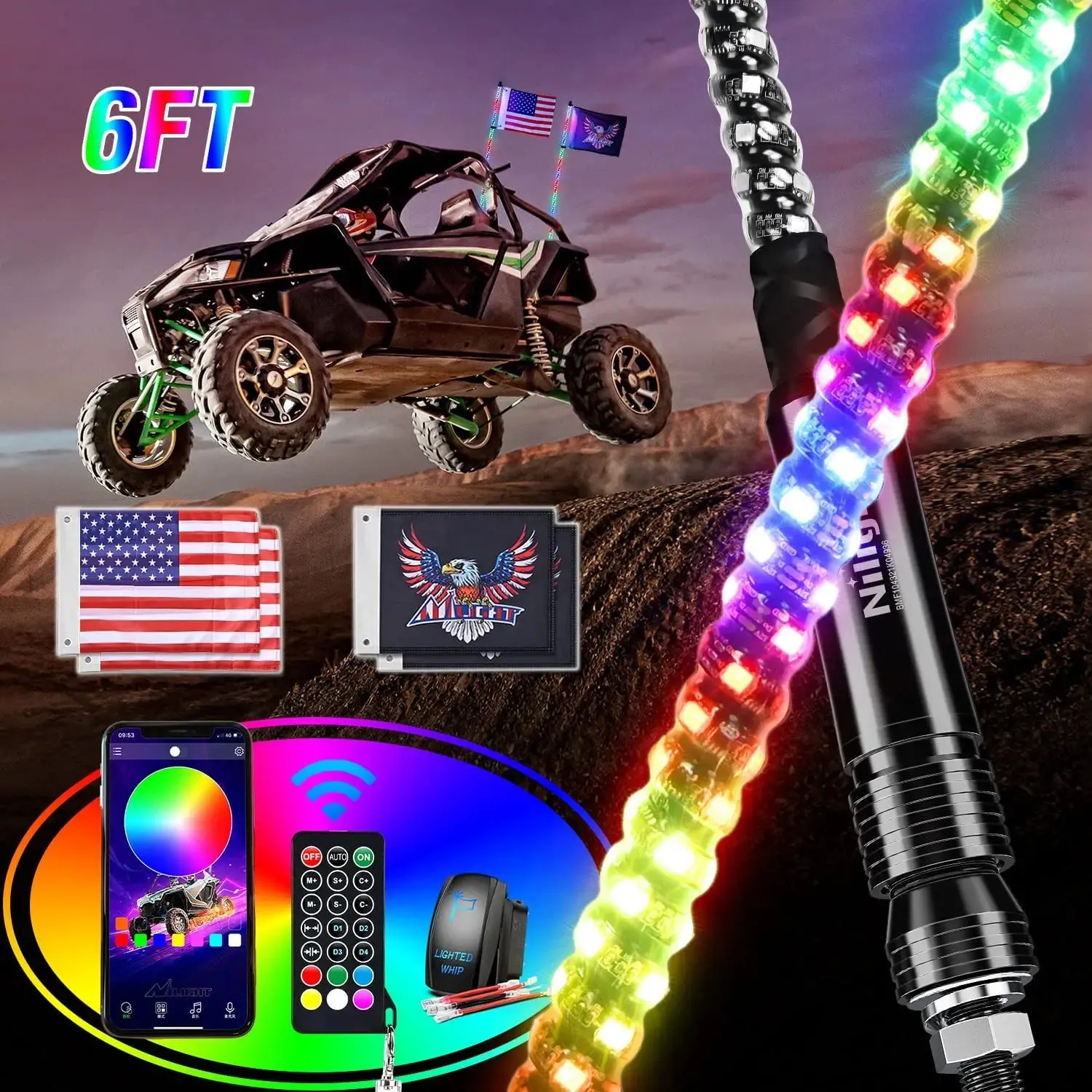 2Pcs 6FT Spiral Antenna Bluetooth Remote App Control Led Whip Light | 10FT Wire 5Pin Switch