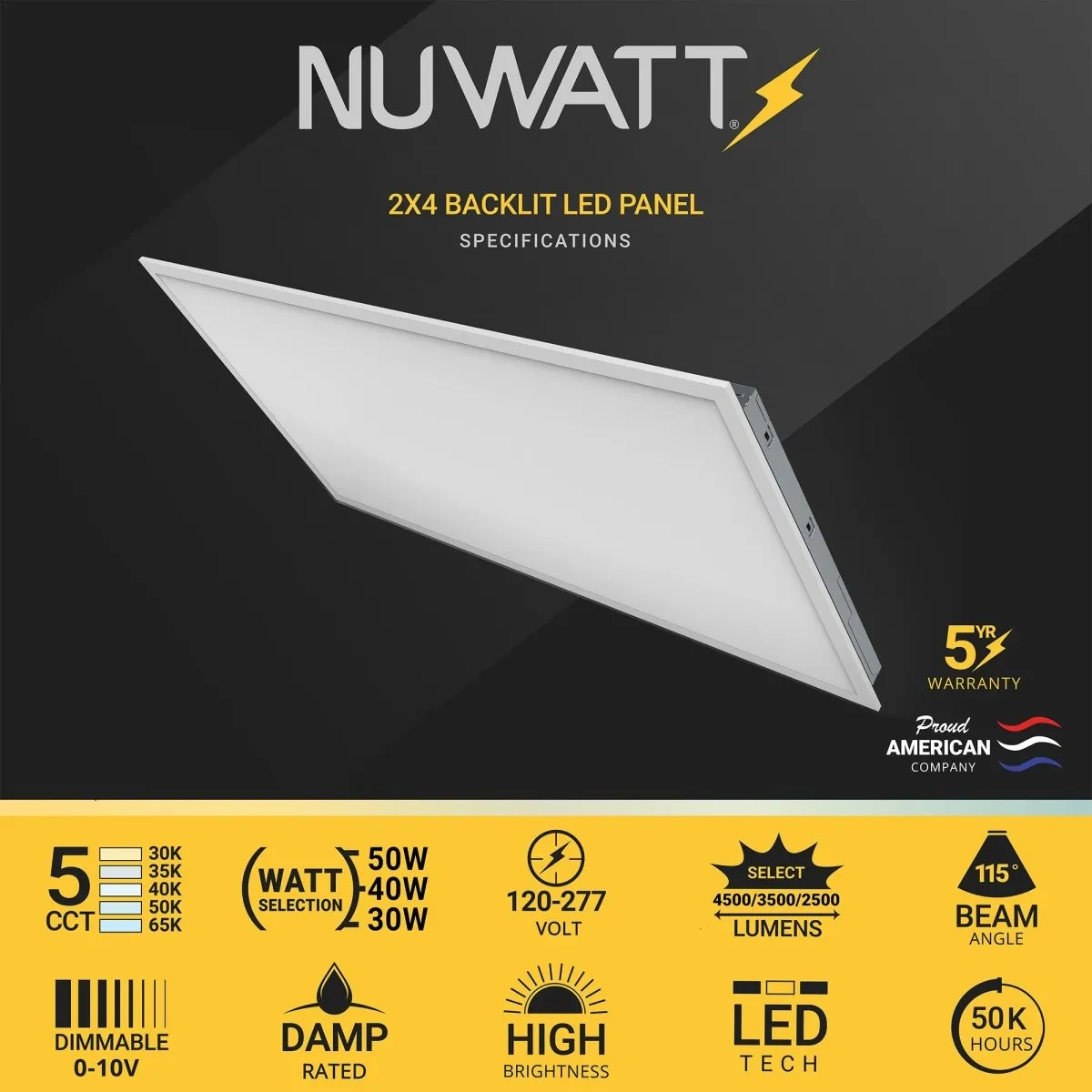 2x4 LED Drop Ceiling Lights Backlit Panel - 3CCT 3000K - 5000K - 5500LM - 4 Pack