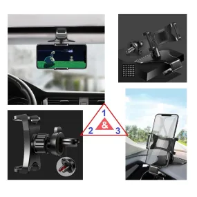 3 in 1 Car GPS Smartphone Holder: Dashboard / Visor Clamp   AC Grid Clip for BLU Dash Music Jr - Black