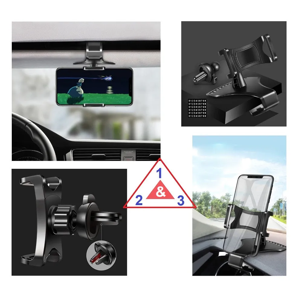 3 in 1 Car GPS Smartphone Holder: Dashboard / Visor Clamp   AC Grid Clip for Micromax A88, Canvas Music - Black