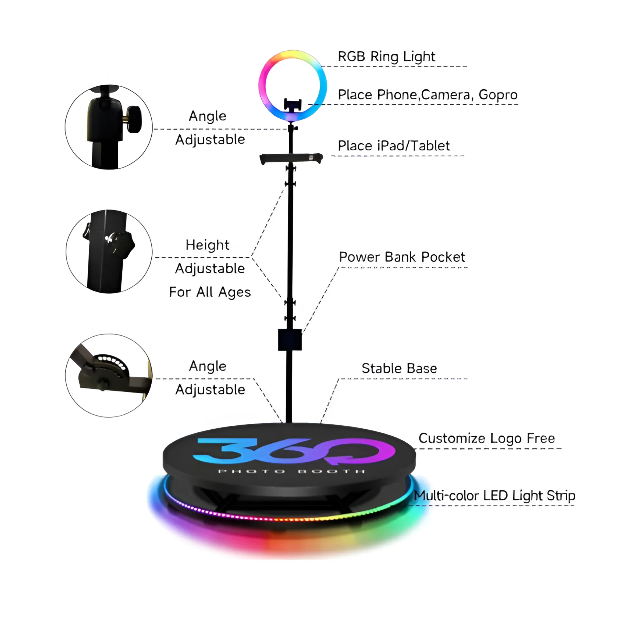 68 cm 360-Degree Photo Booth RGB - Slow Motion Rotating Portable Selfie Platform