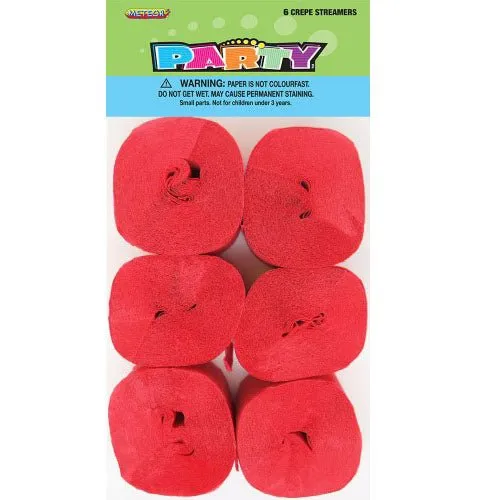 6pk Crepe Streamers - Red