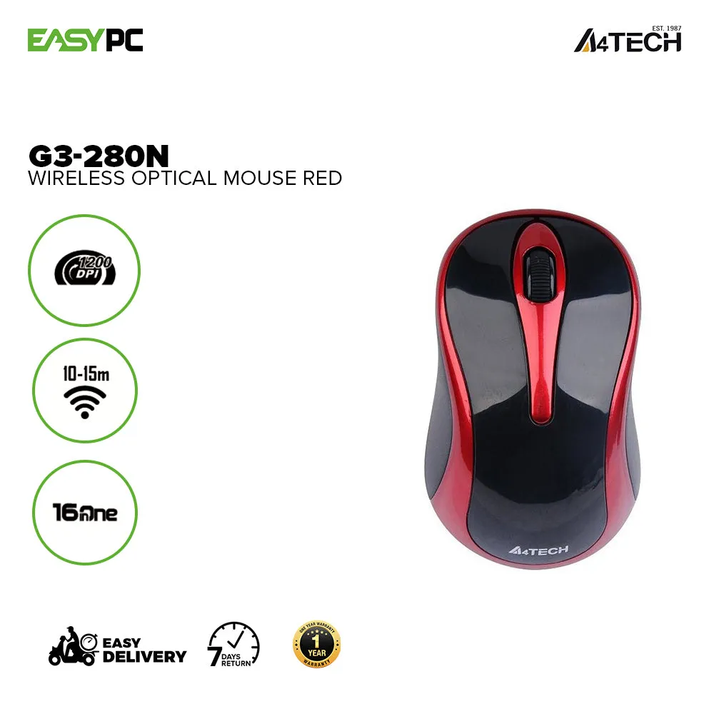 A4Tech G3280N, 1200 DPI, Power Saving, Silen Clicks, 16-in-One gestures, Auto Power Saving, Wireless Optical Mouse Red