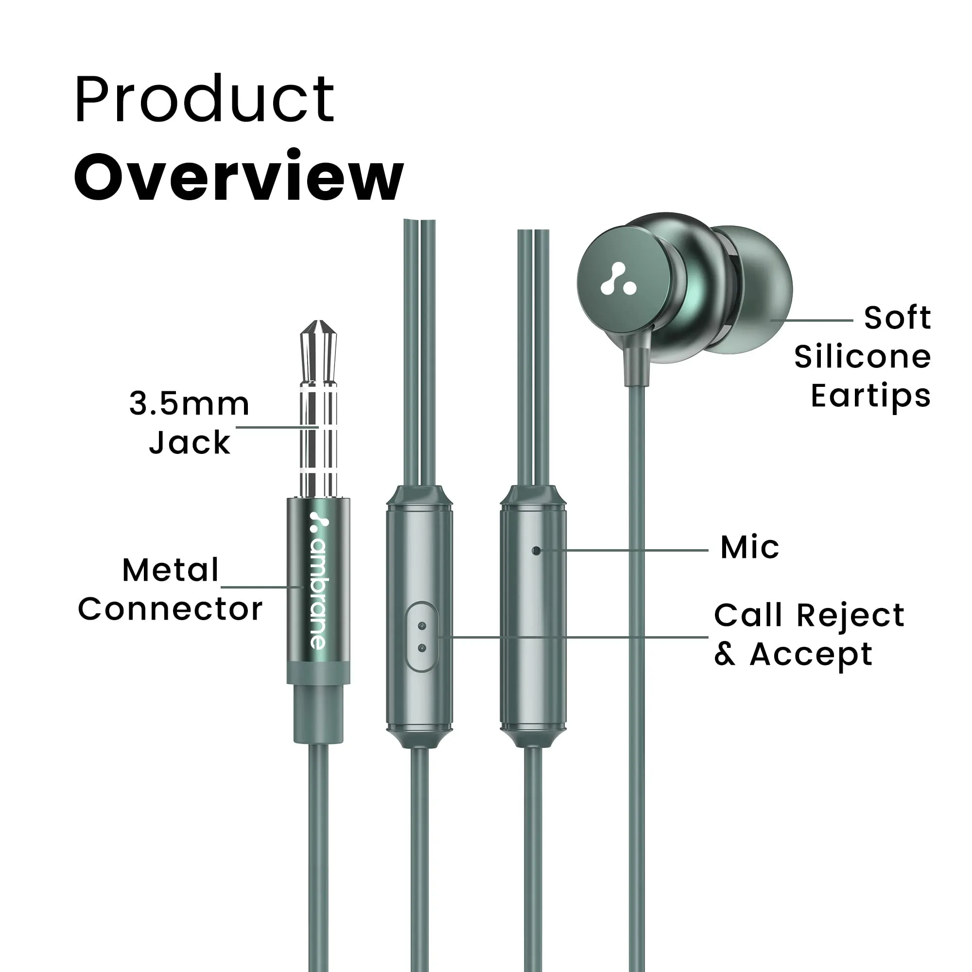 Ambrane Stringz 38 Wired Earphones with Mic, Powerful HD Sound with High Bass, Tangle Free Cable, Comfort in-Ear Fit, 3.5mm Jack (Green), Normal