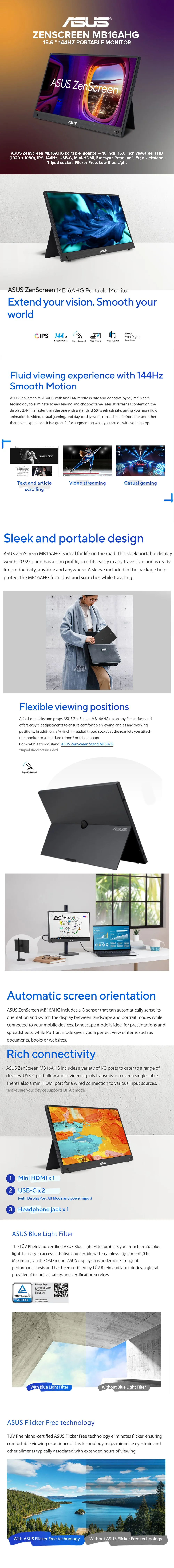ASUS ZenScreen MB16AHG 15.6  144Hz Portable Monitor