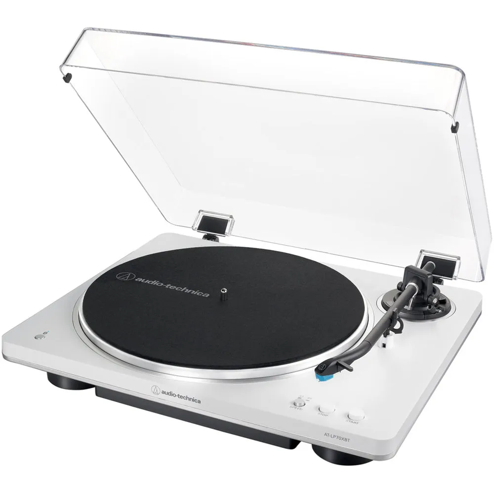 Audio Technica AT-LP70XBT Fully Automatic Bluetooth Wireless Turntable White with Ruark MR1 MK2 Active Bluetooth Speakers Grey HiFi Package