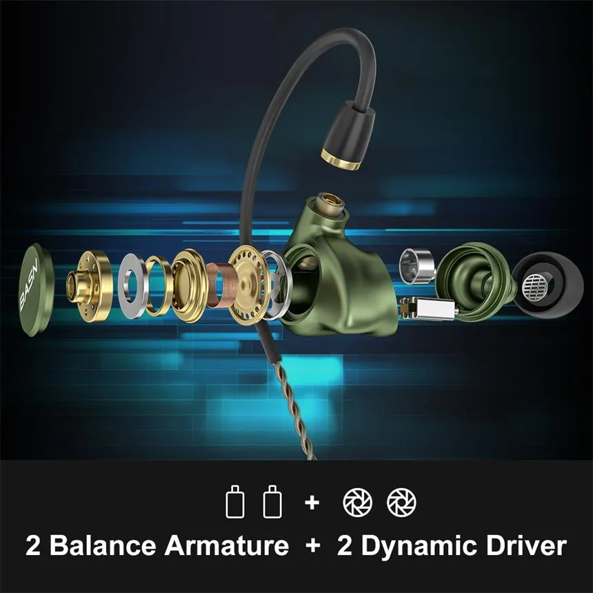 BASN Metalen 4 Drivers (2DD 2BA) In-Ear Monitor Headphones (Green)