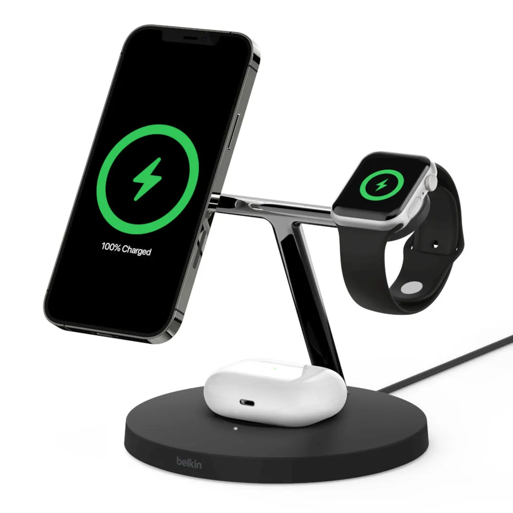 Belkin 15W Magsafe 3 in 1 Magnetic Wireless Charger For iPhone series  12/13/14/15/16 Black