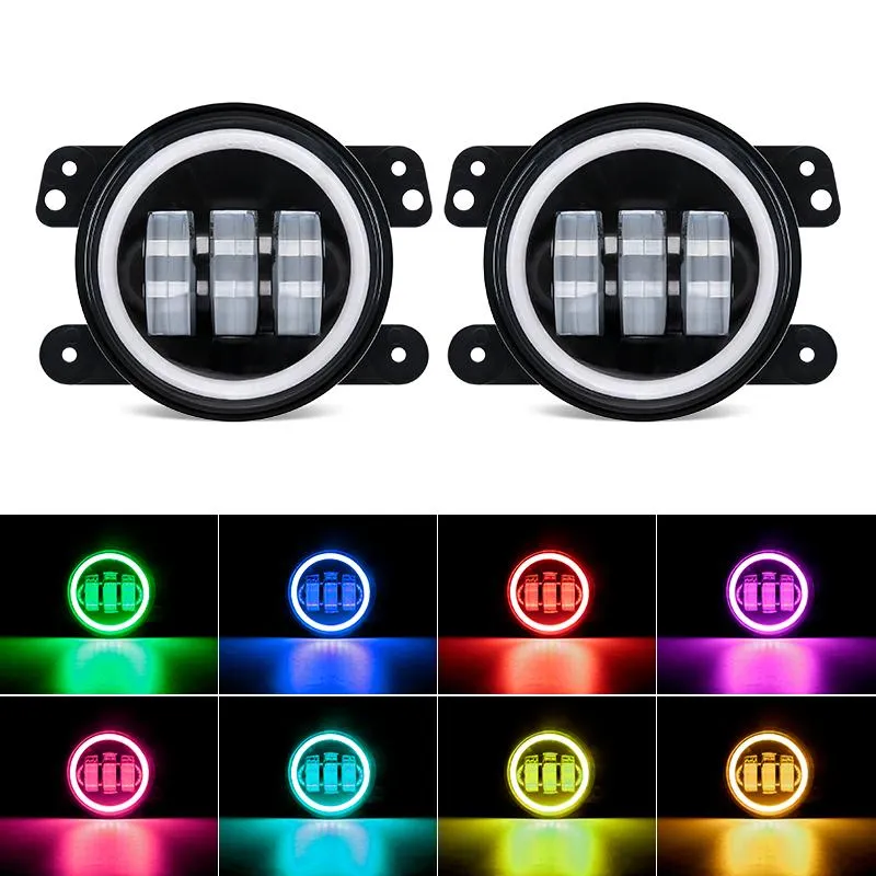 Bluetooth 4" CREE LED Fog Lights with RGB Halo Angle Eye For Jeep JK/JL/JT