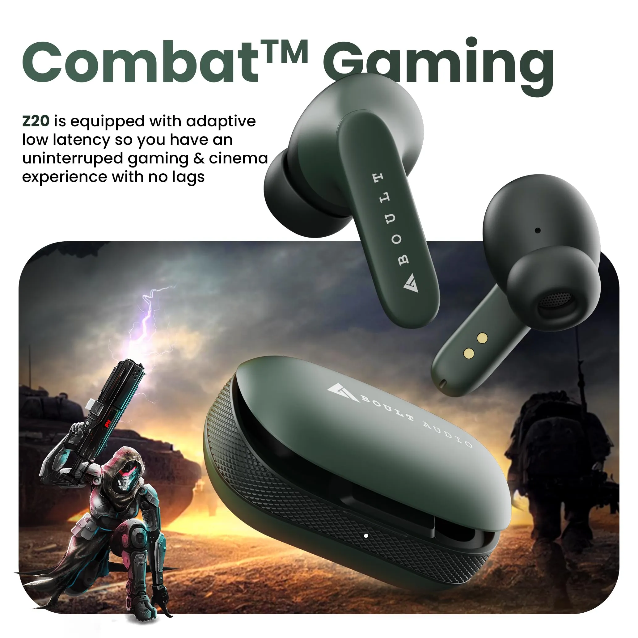 Boult Audio Z20 Truly Wireless Bluetooth Ear buds with 51 Hours Playtime, Zen™ Clear Calling ENC Mic, Low Latency Gaming, Rich Bass Drivers, IPX5, (Green)