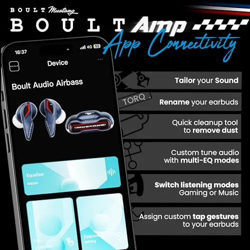Boult x Mustang Torq Newly Launched Truly Wireless in Ear Earbuds with 50H Playtime, App Support, Quad Mic ENC, 45ms Low Latency, Breathing LEDs, 13mm Drivers, Bluetooth 5.4
