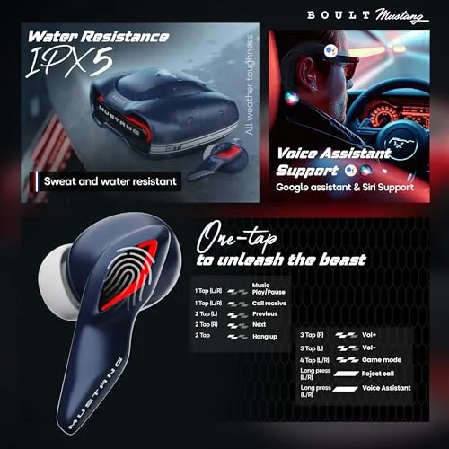 Boult x Mustang Torq Newly Launched Truly Wireless in Ear Earbuds with 50H Playtime, App Support, Quad Mic ENC, 45ms Low Latency, Breathing LEDs, 13mm Drivers, Bluetooth 5.4