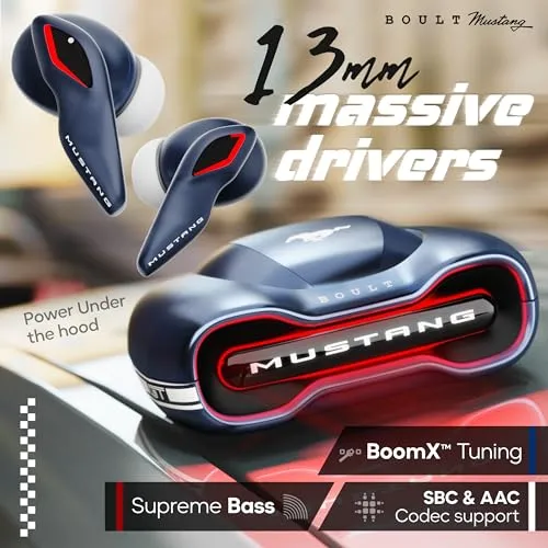 Boult x Mustang Torq Newly Launched Truly Wireless in Ear Earbuds with 50H Playtime, App Support, Quad Mic ENC, 45ms Low Latency, Breathing LEDs, 13mm Drivers, Bluetooth 5.4