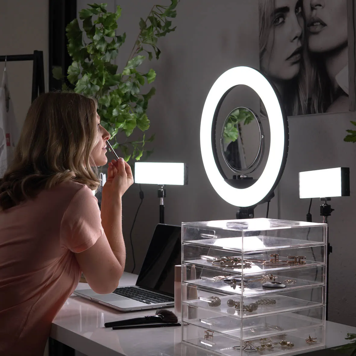 Complete Beauty Studio Diamond Luxe Ring Light & 9" LED Panel Lighting Kit