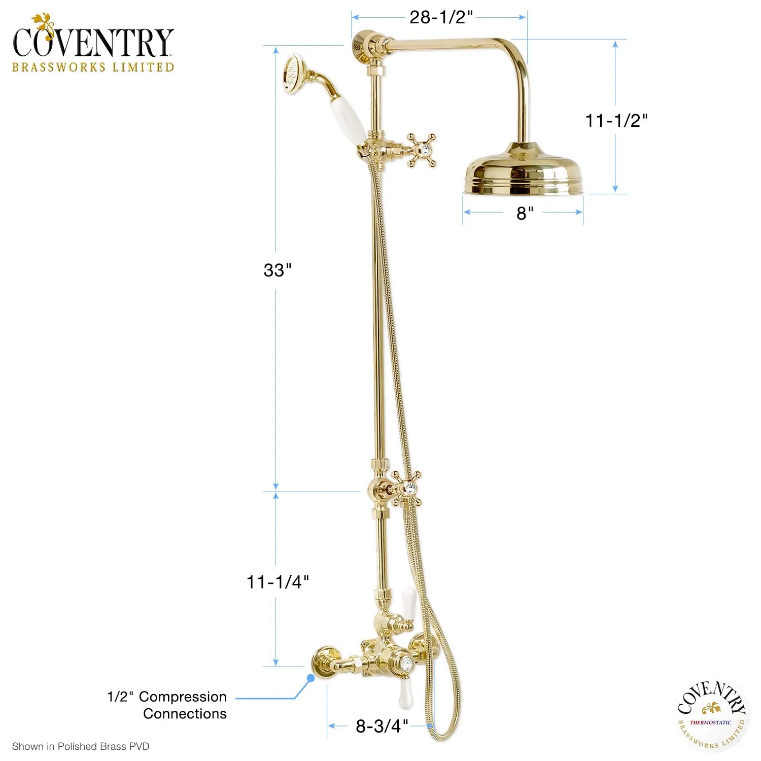 Coventry Brassworks Luxury 1/2" Exposed Thermostatic Shower System with 8" Shower Head, Diverter, and Ceramic Hand Shower with Cross Handle
