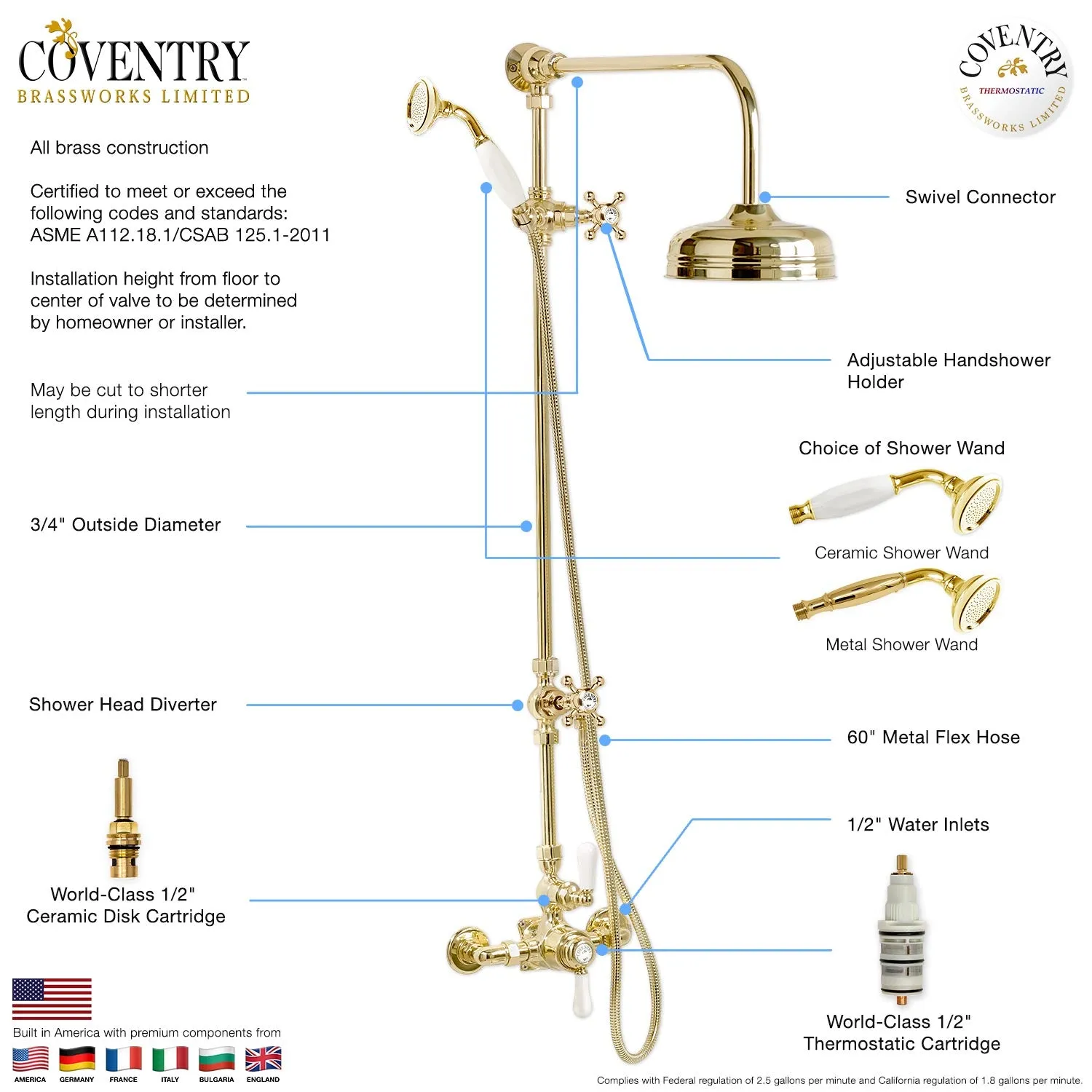 Coventry Brassworks Luxury 1/2" Exposed Thermostatic Shower System with 8" Shower Head, Diverter, and Ceramic Hand Shower with Cross Handle