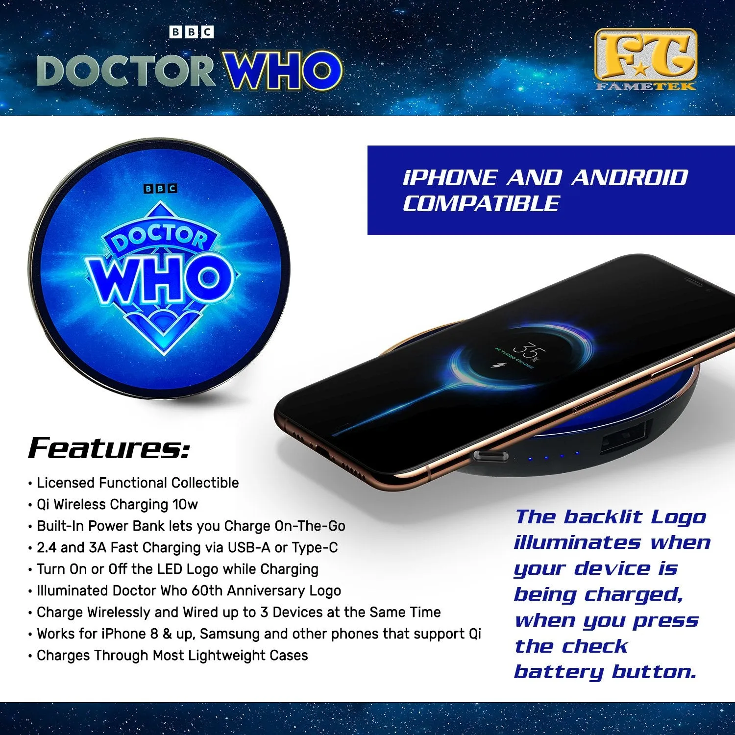 Doctor Who LOGO 60th Anniversary Qi Wireless Charger With Illuminated TARDIS & Built-In Power bank