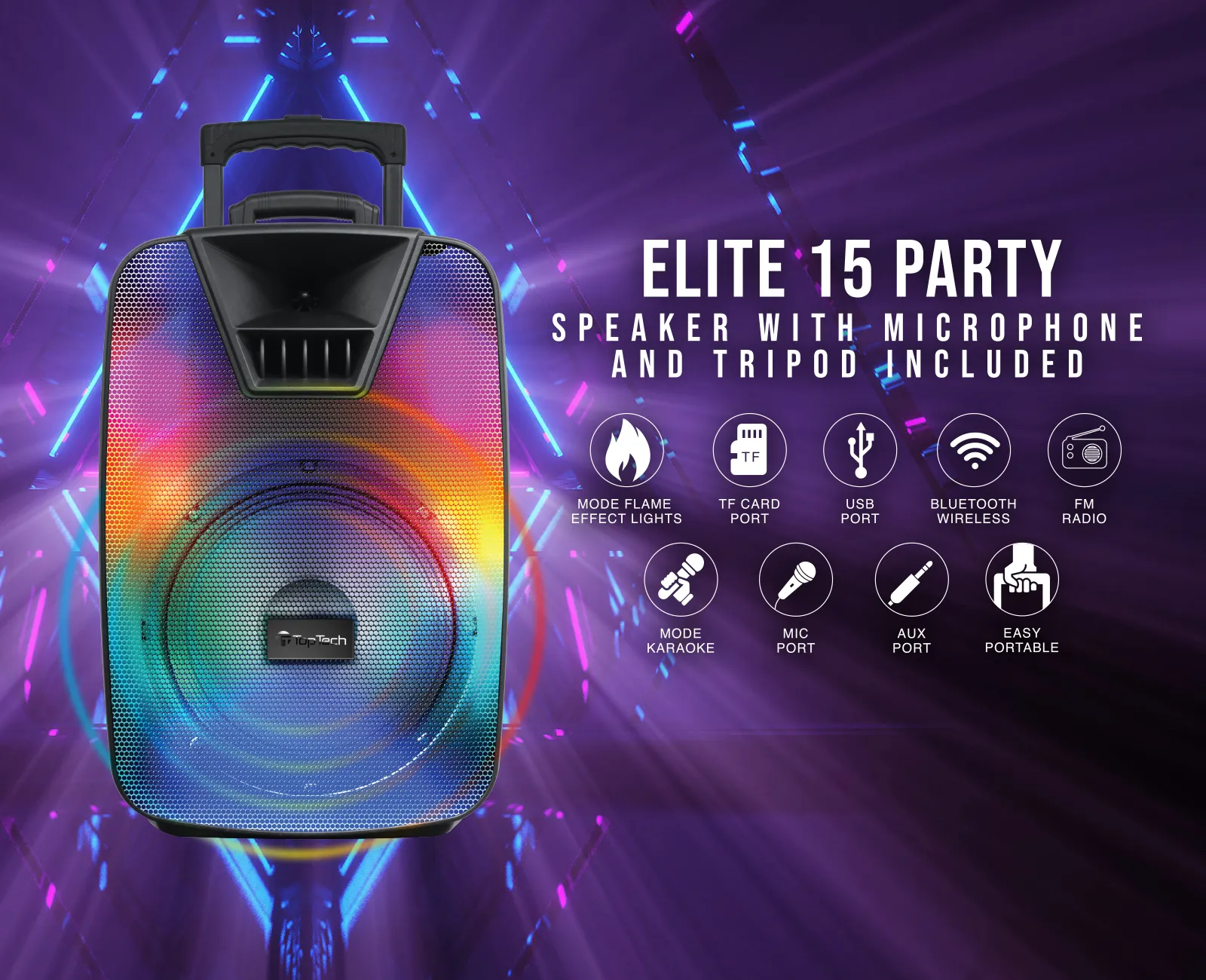 Elite-15, 15" Bluetooth Speaker with Flame Effect Lights, Extra Bass & Microphone Input