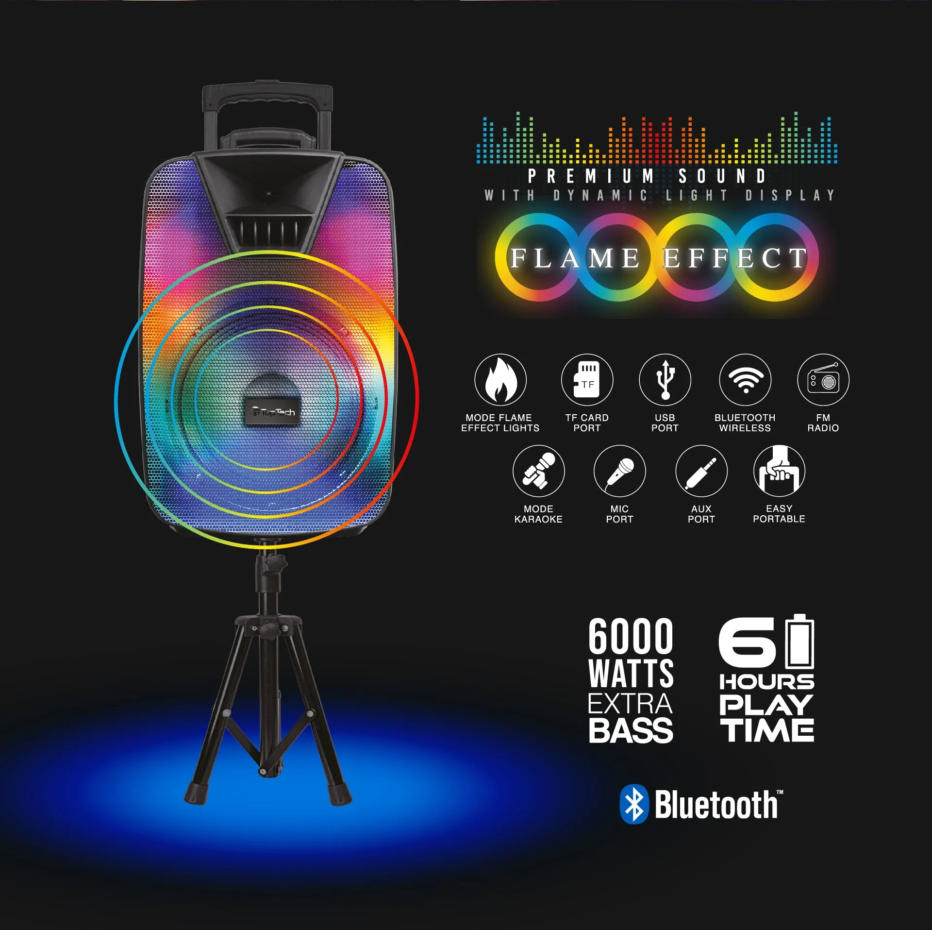 Elite-15, 15" Bluetooth Speaker with Flame Effect Lights, Extra Bass & Microphone Input