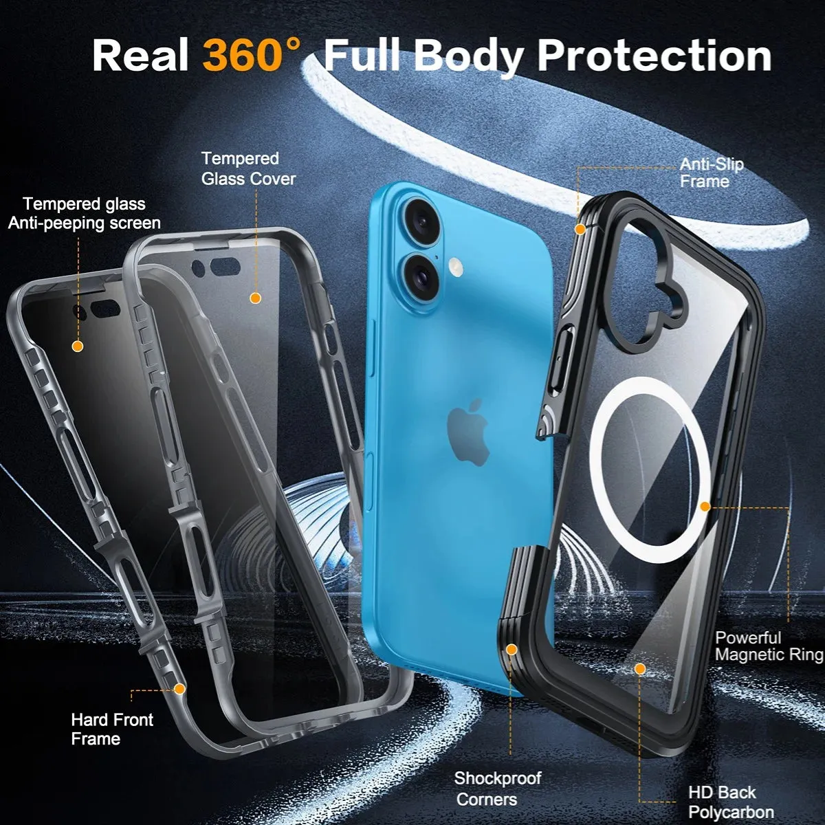 for Iphone 16 Case, Double Front Frame Built-In 9H Tempered Glass Screen Protector   Privacy Screen Protector, Compatible with Magsafe, Magnetic Phone Case for Iphone 16-Black
