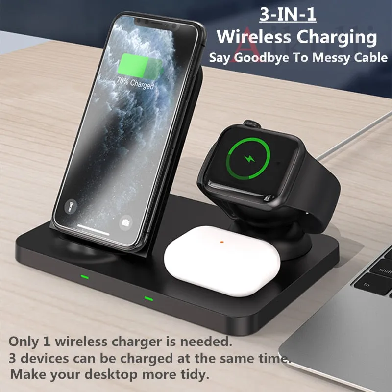 for iPhone Wireless Charger Stand 3 in 1 Fast Charging for Apple iPhone 14 13 12 11 Pro Max X XS XR Watch 6 5 4 3 AirPods Pro