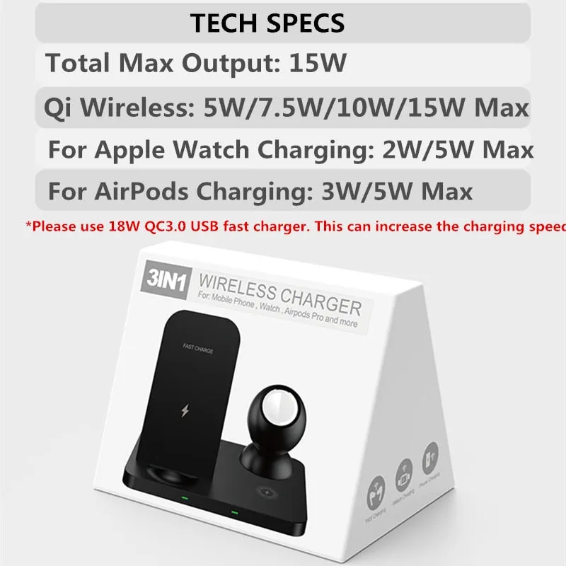 for iPhone Wireless Charger Stand 3 in 1 Fast Charging for Apple iPhone 14 13 12 11 Pro Max X XS XR Watch 6 5 4 3 AirPods Pro