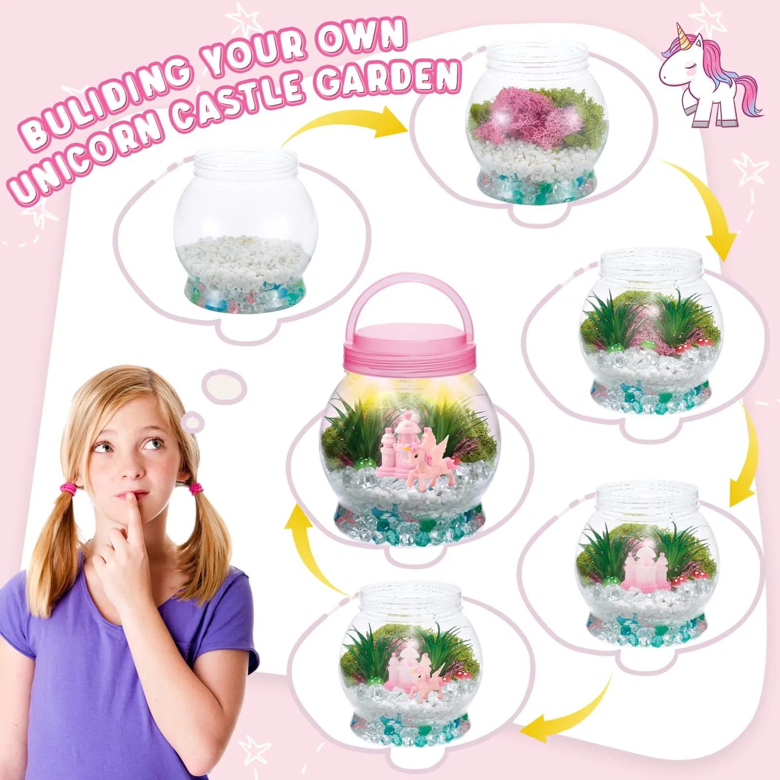 Light Up Unicorn Terrarium Kit for Kids, Unicorns Gifts for Girls - Unicorn Toys & Stuff, Arts & Crafts Kits, 6 Year Old Girls Birthday Gifts Ages 5 7 8