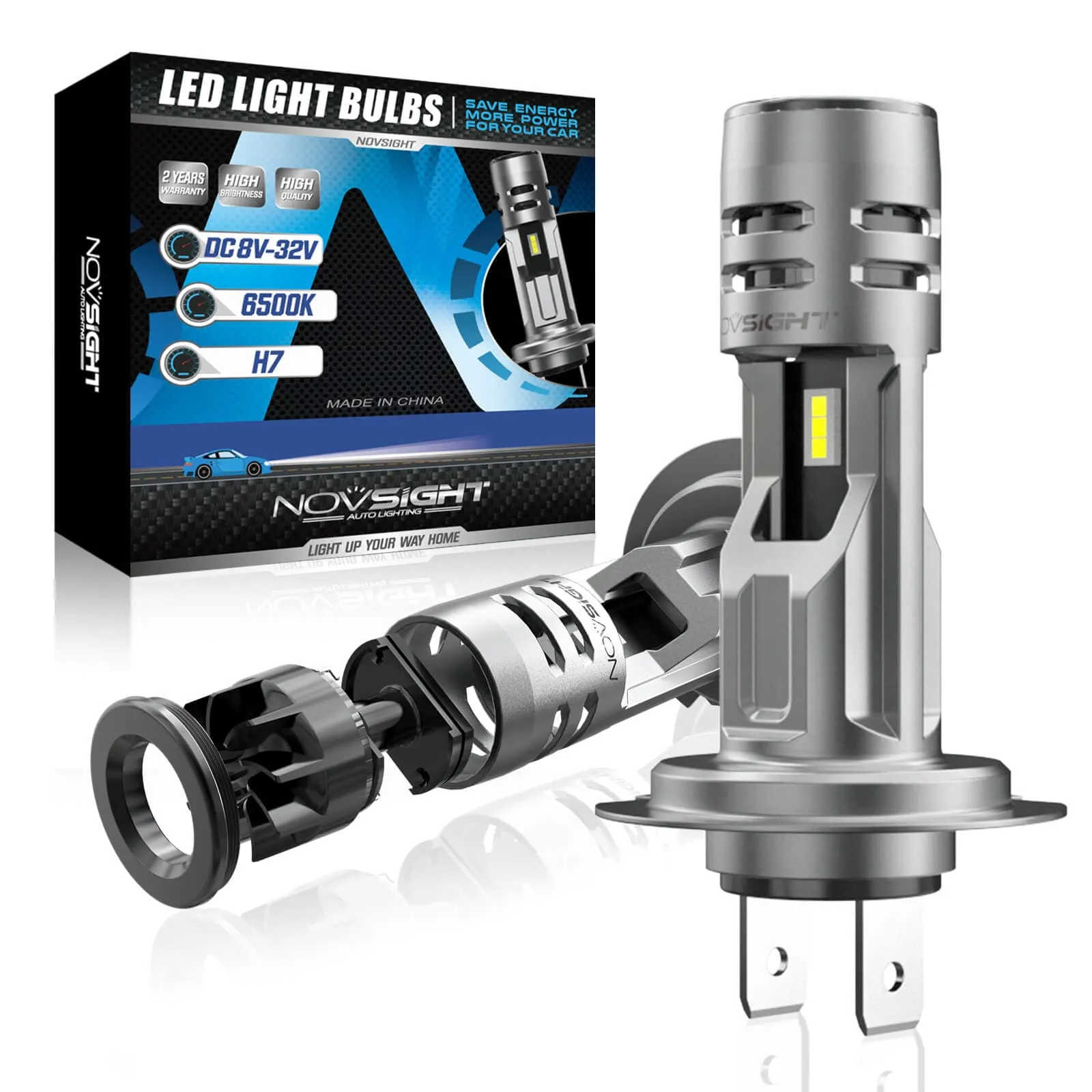 N58 Standard Series Wireless |  H7 LED Bulbs Mini Size 60W 12000LM 6500K White | 2 Bulbs