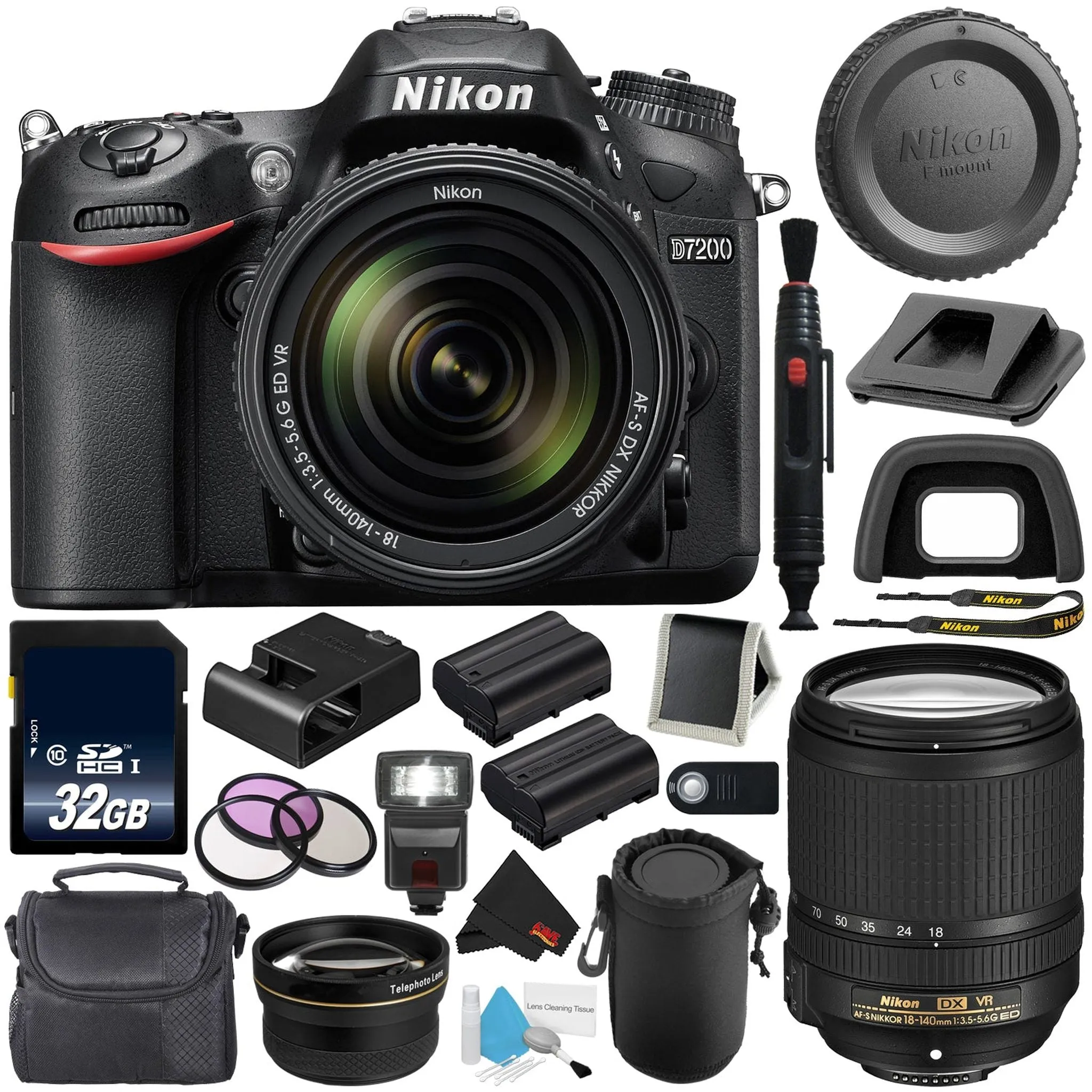 Nikon D7200 DSLR Camera with 18-140mm Lens 1555 (International Model)   EN-EL15 Replacement Li-on Battery   32GB SDHC Class 10 Memory Card   Wireless Remote   Deluxe Cleaning Kit Bundle