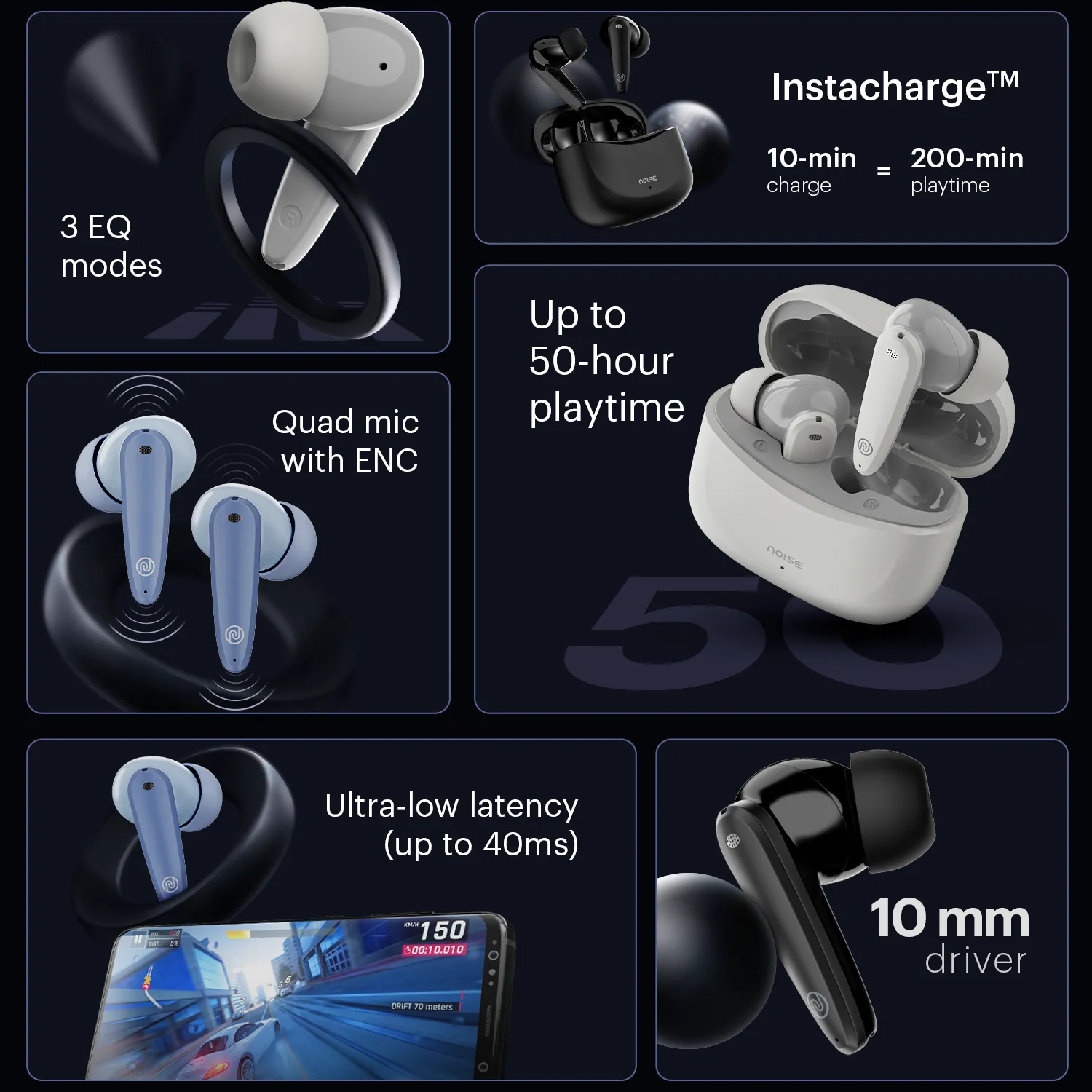 Noise Buds VS106 Truly Wireless In-Ear Earbuds with 50H Playtime, Quad Mic with ENC, Instacharge (10 min = 200 min),Ultra-Low Latency(up to 40ms), 10mm Driver, and BT v5.3