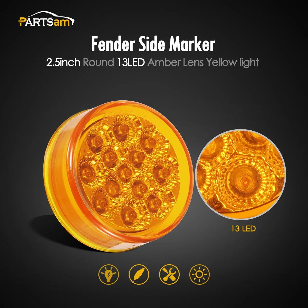 Partsam 2Pcs 2.5 inch Inch Round Trailer Led Side Marker Lights Amber 13 Diodes w Reflectors Waterproof 12V Sealed Replacement for Peterbilt/Kenworth/Freightliner Trucks Breather Panel Lights