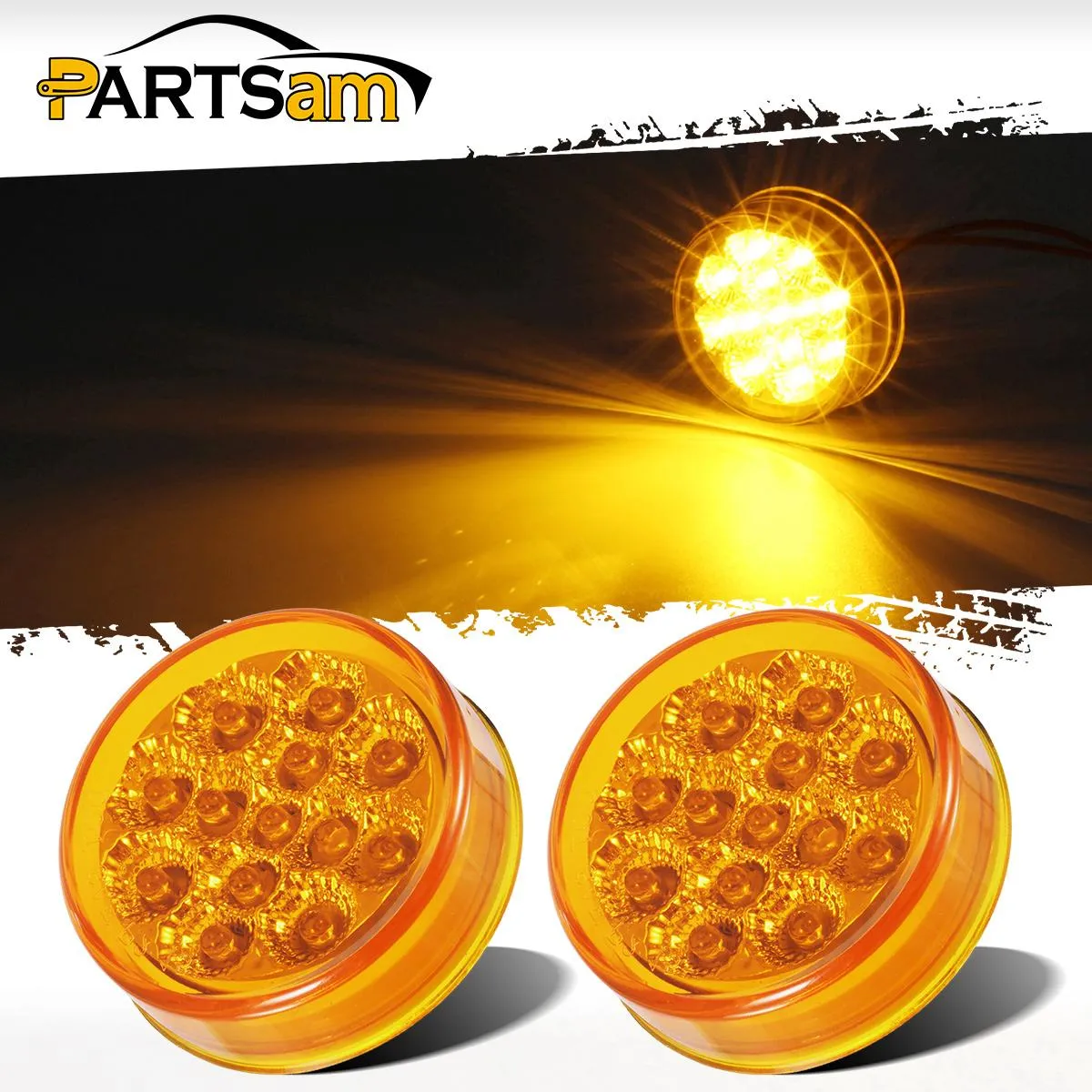Partsam 2Pcs 2.5 inch Inch Round Trailer Led Side Marker Lights Amber 13 Diodes w Reflectors Waterproof 12V Sealed Replacement for Peterbilt/Kenworth/Freightliner Trucks Breather Panel Lights