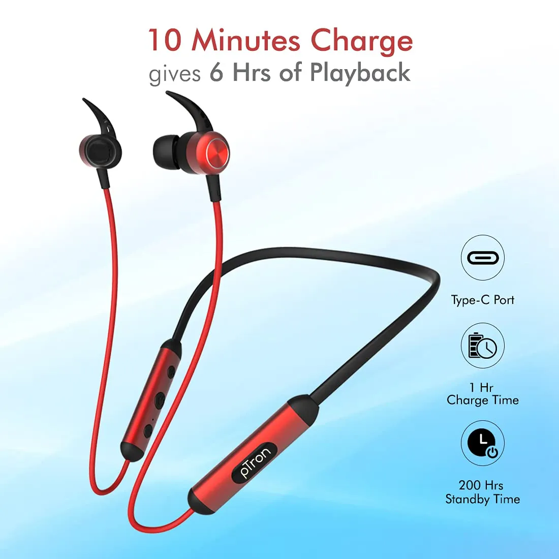 PTron Tangent Plus V2 Wireless Bluetooth In-Ear Headphone With 18Hrs Playtime & Deep Bass (Black/Red)