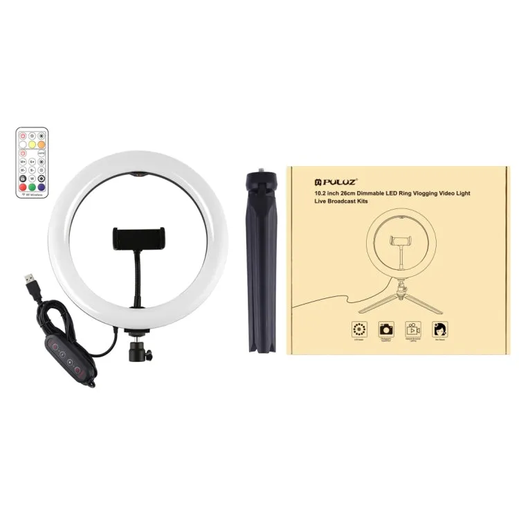 PULUZ 10.2 inch 26cm Marquee LED RGBWW Selfie Beauty Light   Desktop Tripod Mount 168 LED Dual-color Temperature Dimmable Ring Vlogging Photography Video Lights with Cold Shoe Tripod Ball Head & Remote Control & Phone Clamp