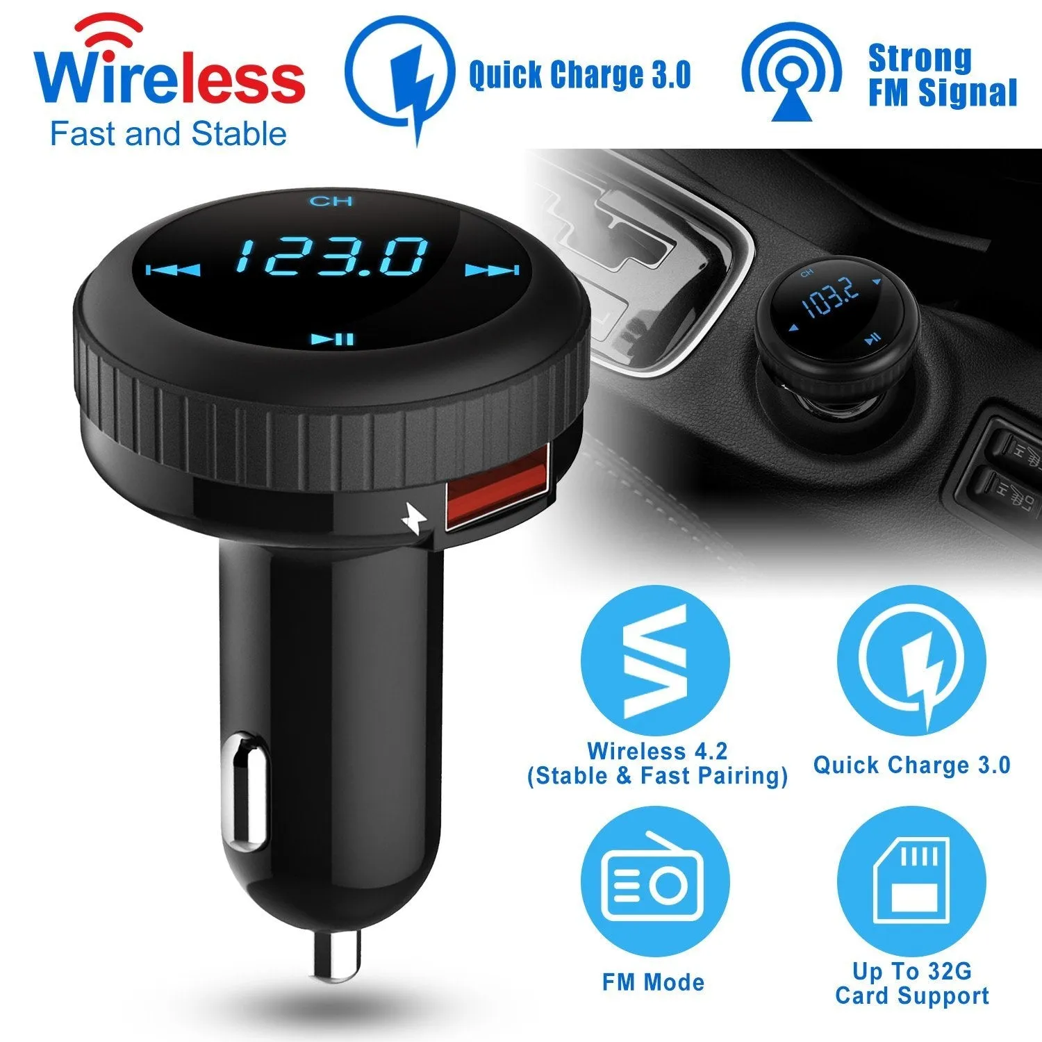 Quick Charge 3.0 Car Charger Wireless 4.2 FM Transmitter 23W 3A Dual USB