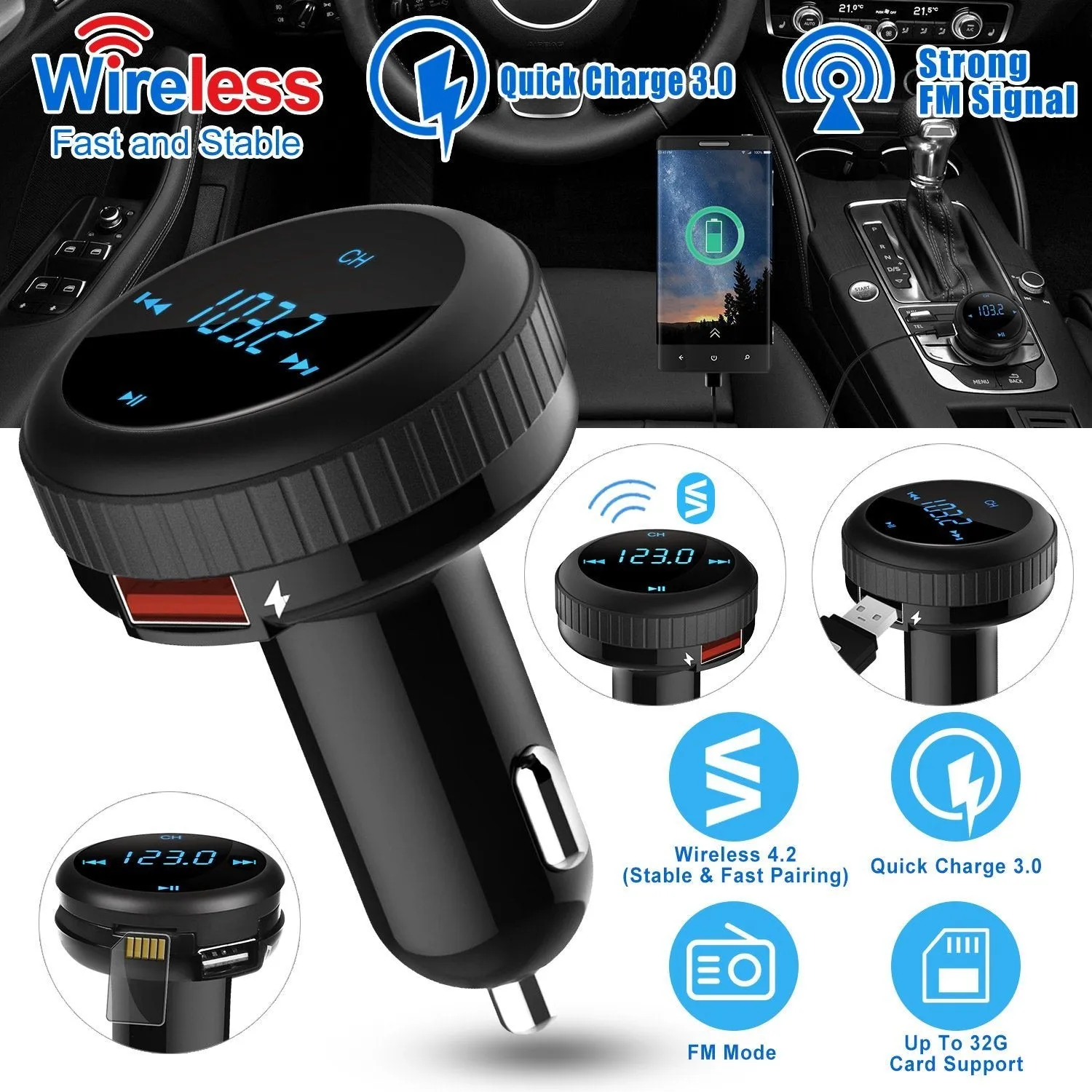 Quick Charge 3.0 Car Charger Wireless 4.2 FM Transmitter 23W 3A Dual USB