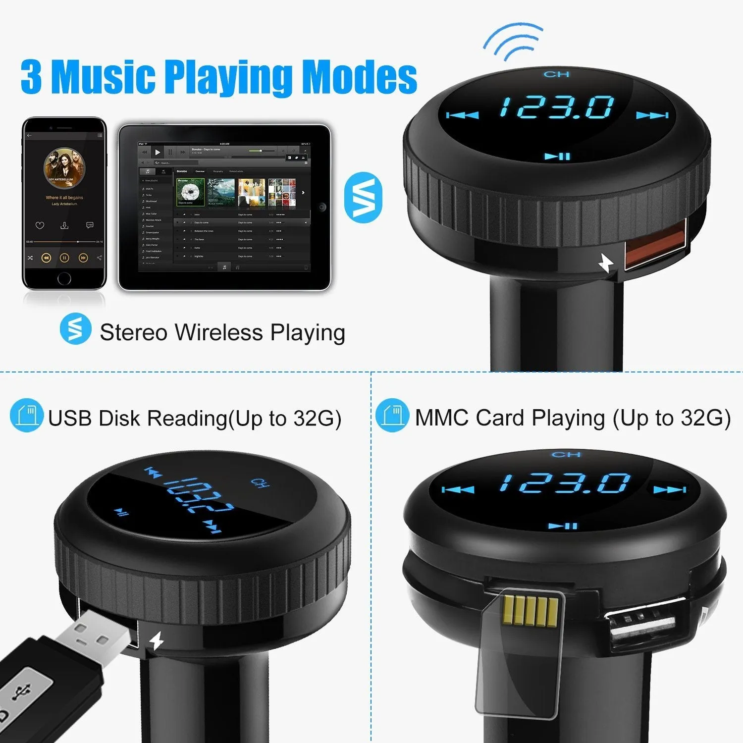 Quick Charge 3.0 Car Charger Wireless 4.2 FM Transmitter 23W 3A Dual USB