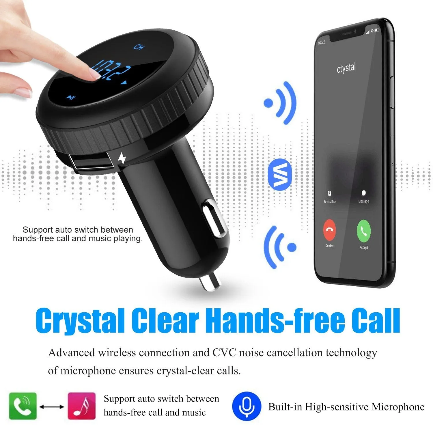 Quick Charge 3.0 Car Charger Wireless 4.2 FM Transmitter 23W 3A Dual USB