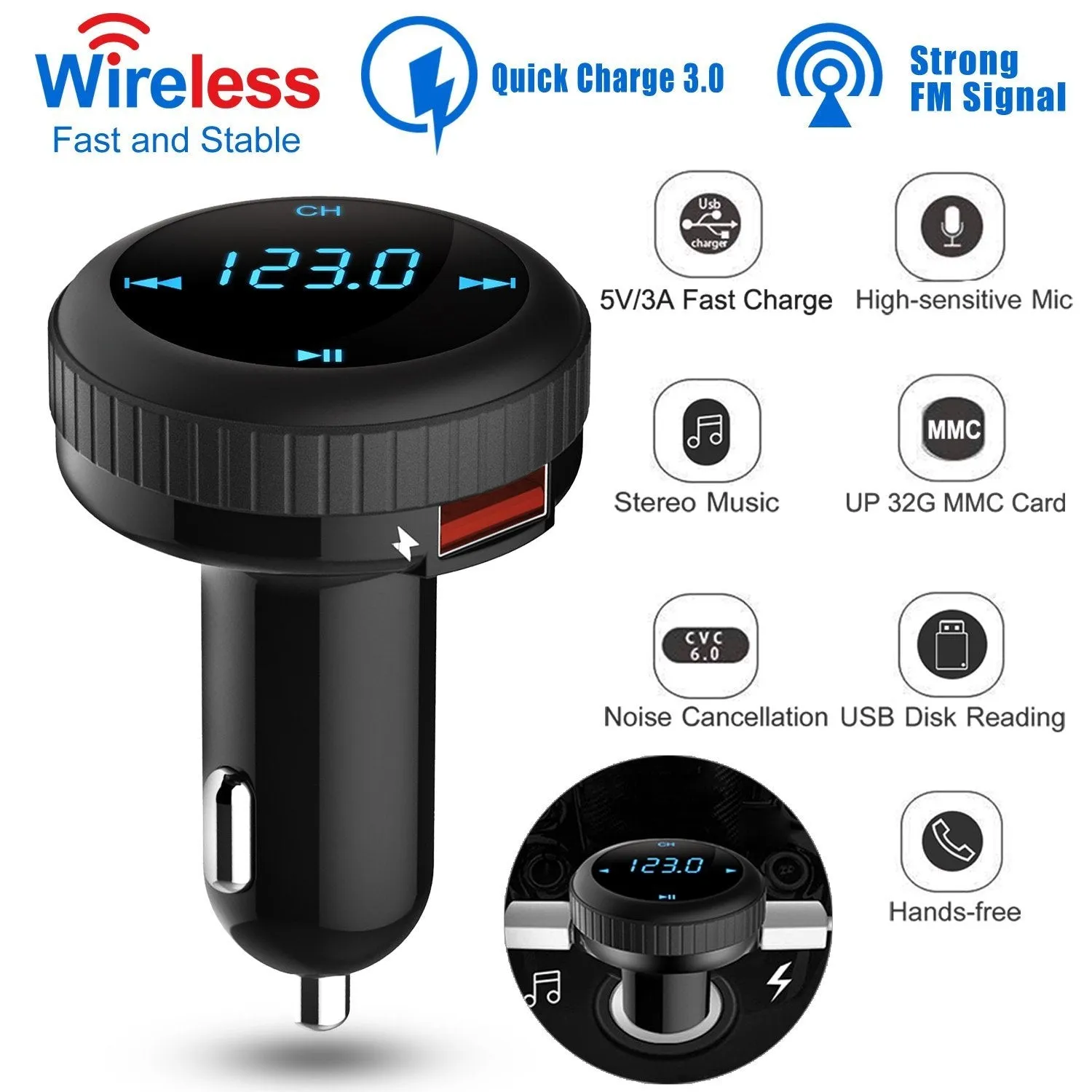 Quick Charge 3.0 Car Charger Wireless 4.2 FM Transmitter 23W 3A Dual USB