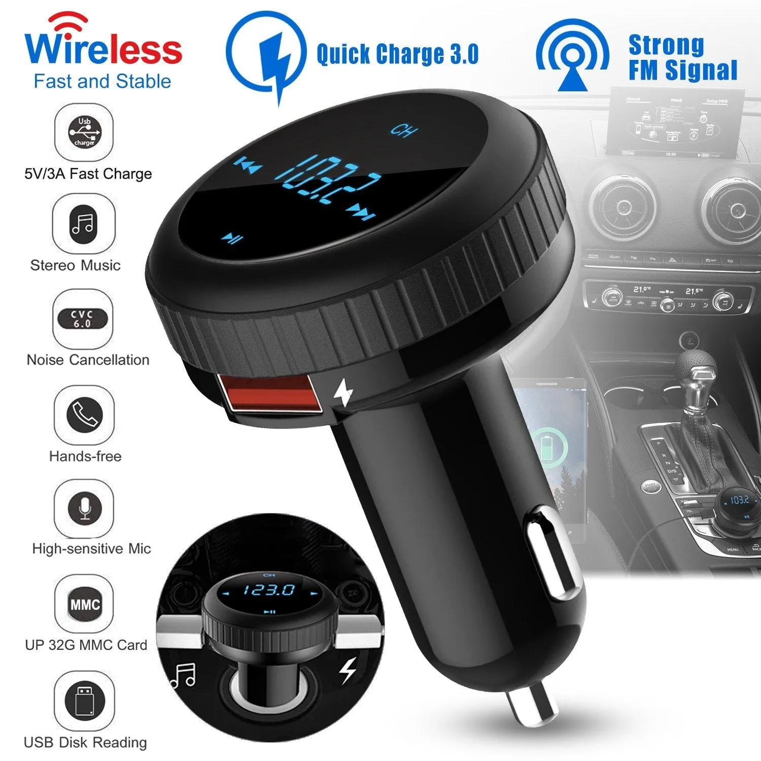 Quick Charge 3.0 Car Charger Wireless 4.2 FM Transmitter 23W 3A Dual USB