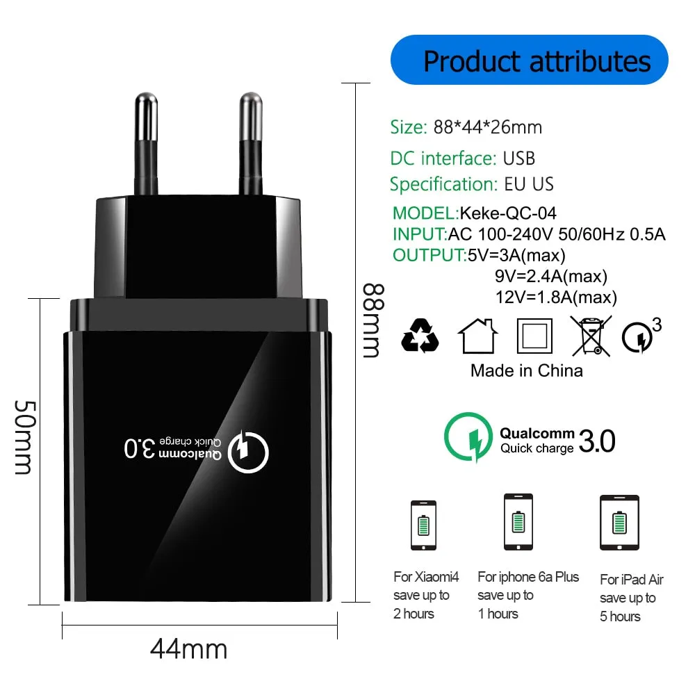 Quick Charger 3.0 USB Charger for Samsung A50 A30 iPhone 7 8 Huawei P20 Tablet QC 3.0 Fast Wall Charger US EU UK Plug Adapte