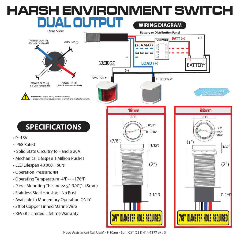 REVERT Harsh Environment | Dual Output | 3 Color | Push Button Marine Switch | 19MM | Black