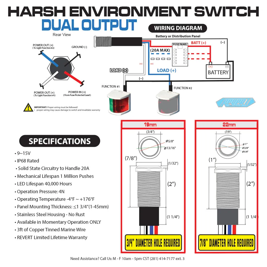REVERT Harsh Environment | Dual Output | 3 Color | Push Button Marine Switch | 19MM | Stainless Steel