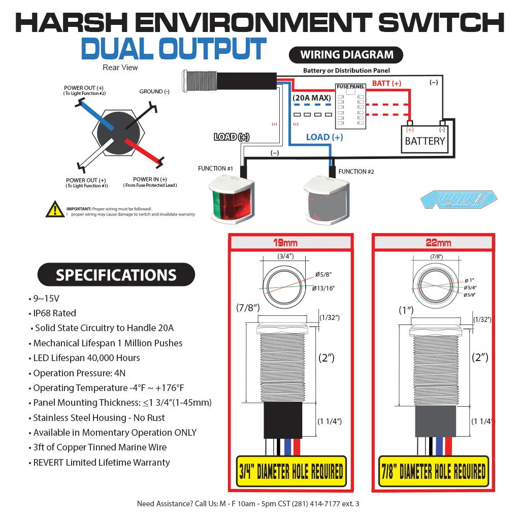 REVERT Harsh Environment | Dual Output | 3 Color | Push Button Marine Switch | 22MM | Stainless Steel
