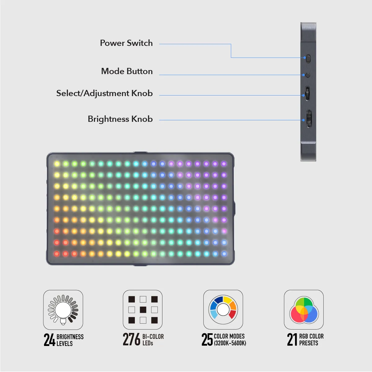 RGB LED Light Panel, 276LEDs, 24 Brightness Settings, 25 Color Temperatures, 21 RGB Color Presets