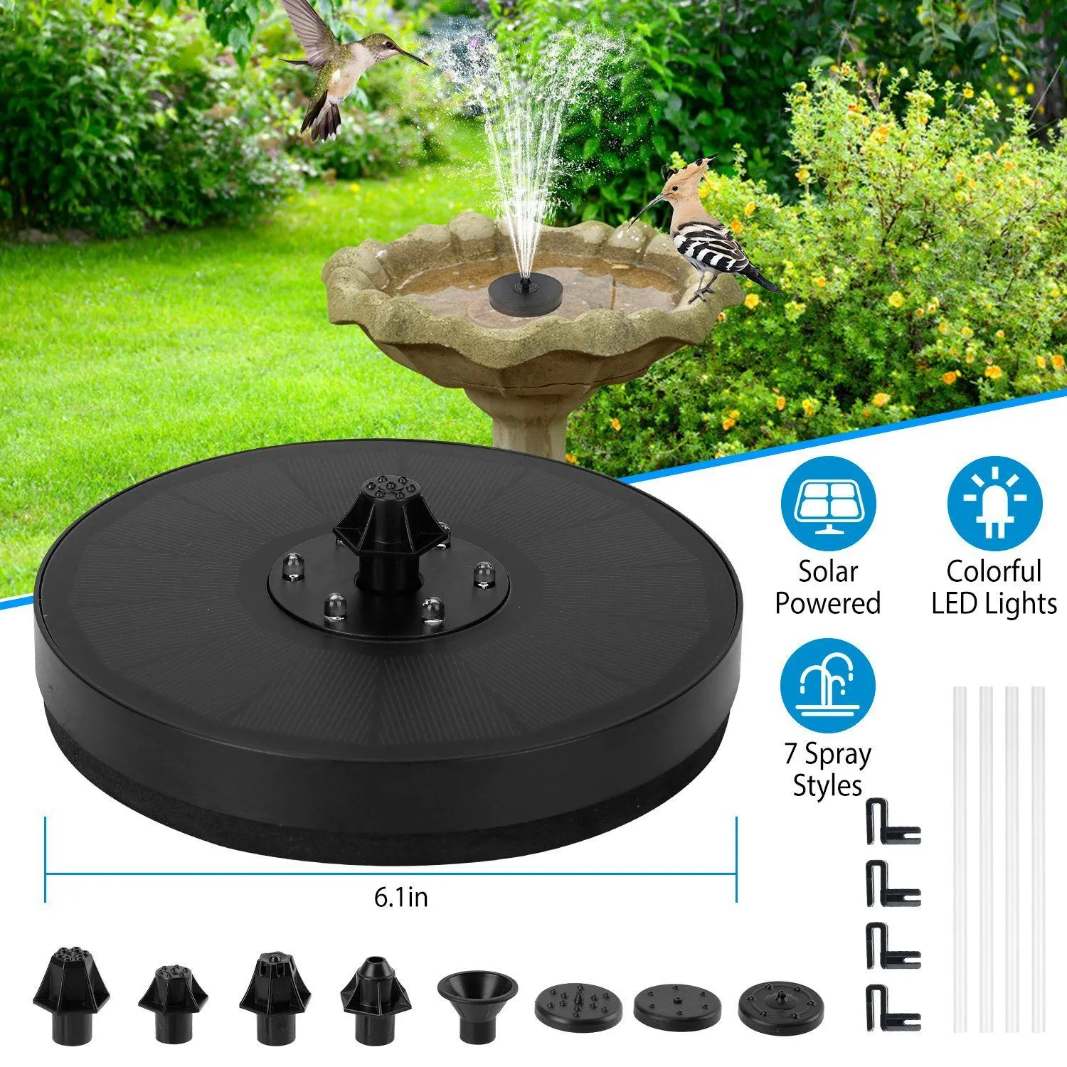 Solar Powered Fountain Pump with LED Lights