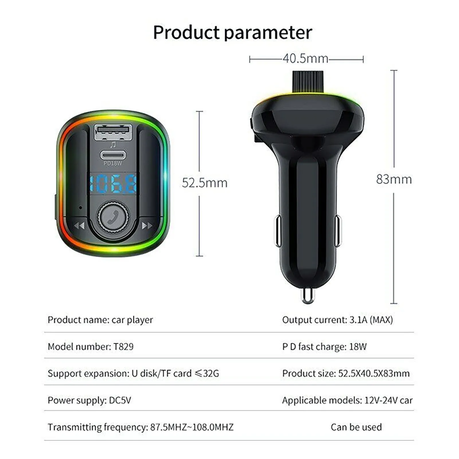 T829 Wireless FM Transmitter For Car Dual USB Port Type-C PD18W