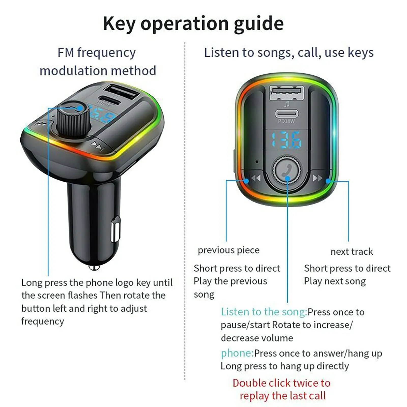 T829 Wireless FM Transmitter For Car Dual USB Port Type-C PD18W