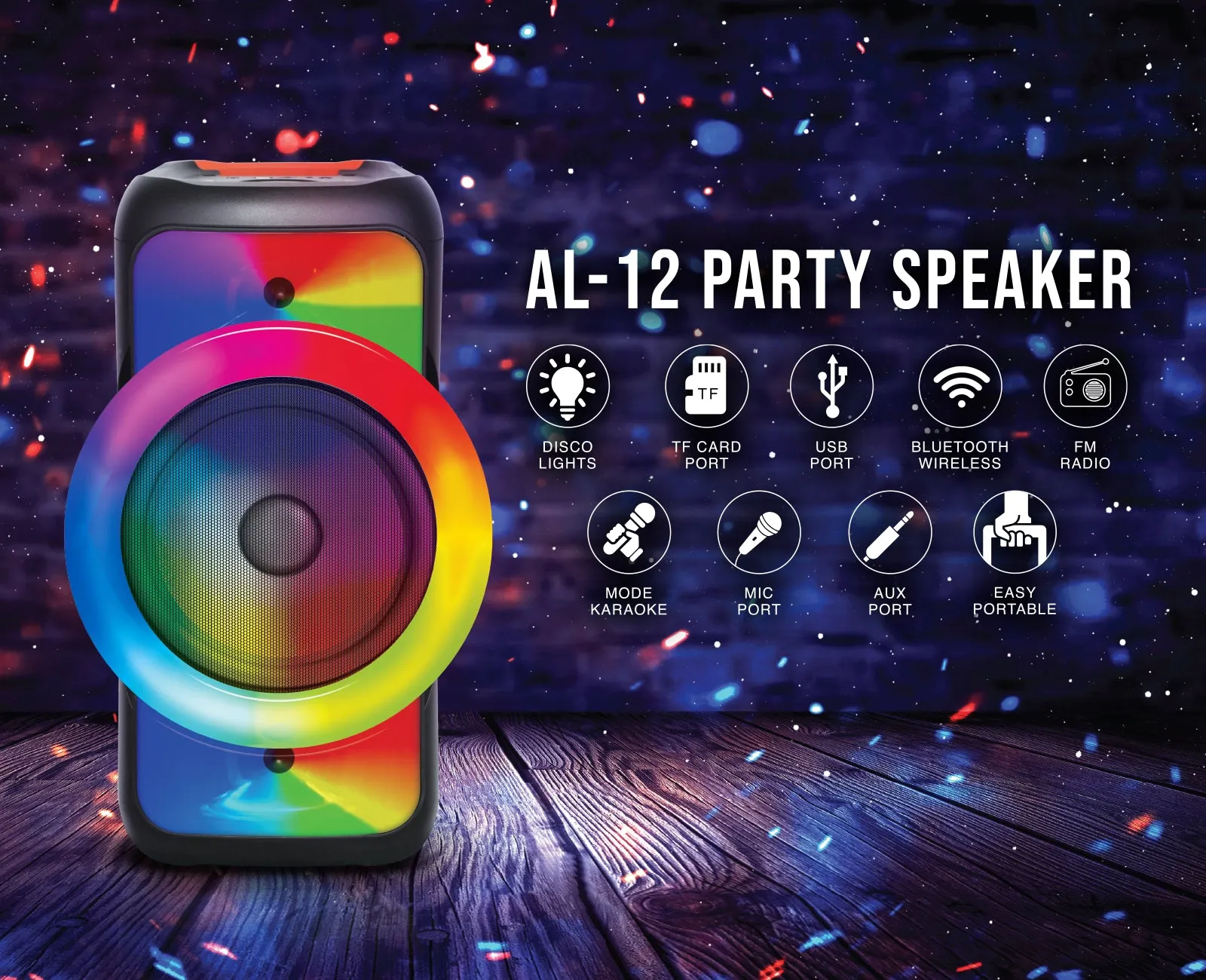 TOPTECH AL-12 Bluetooth Portable Speaker with 10,000W Power, Disco Lights, and Mic