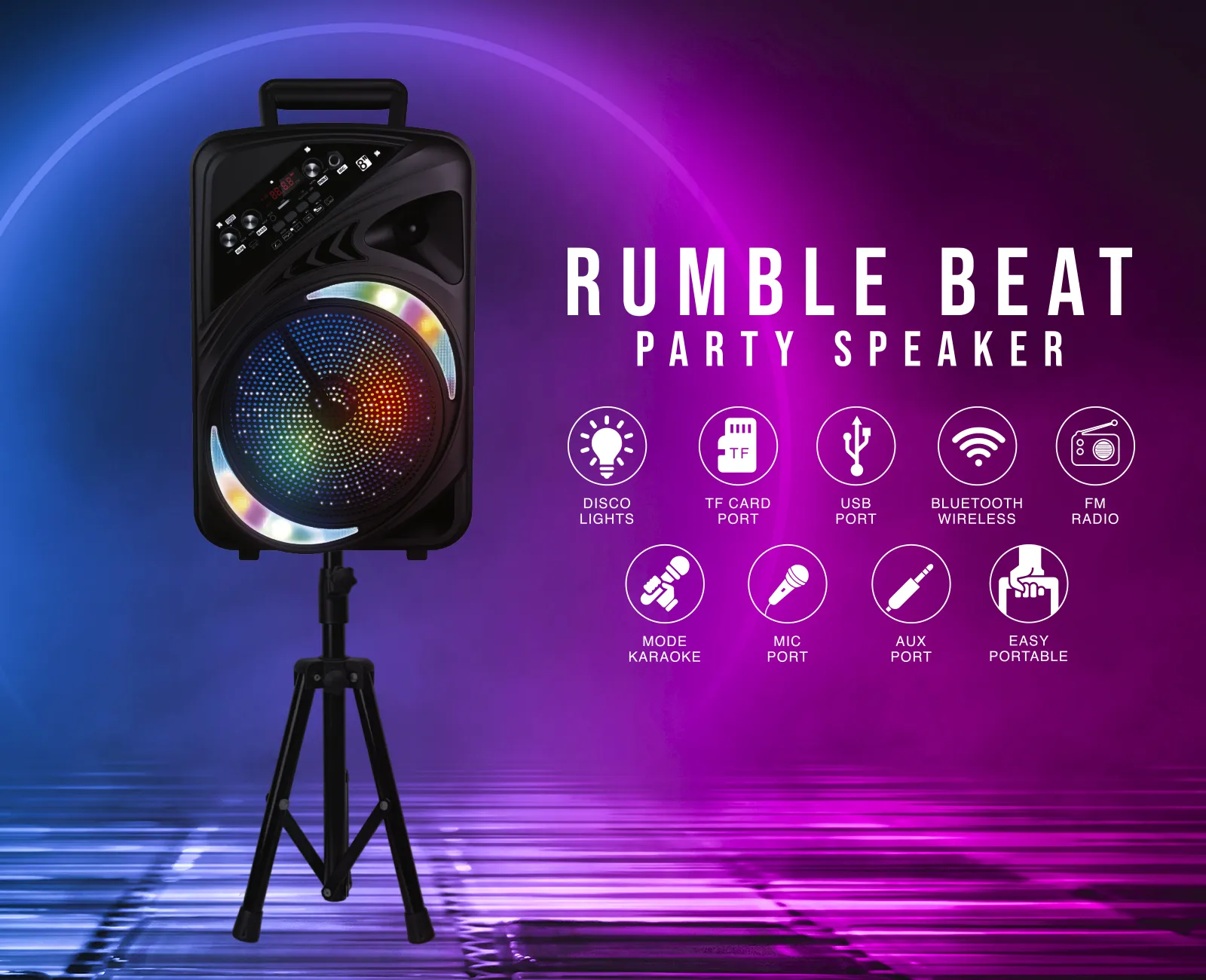 TOPTECH AL-8 Rumble Beat 8" Bluetooth Speaker with Disco Lights, Microphone & Extra Bass